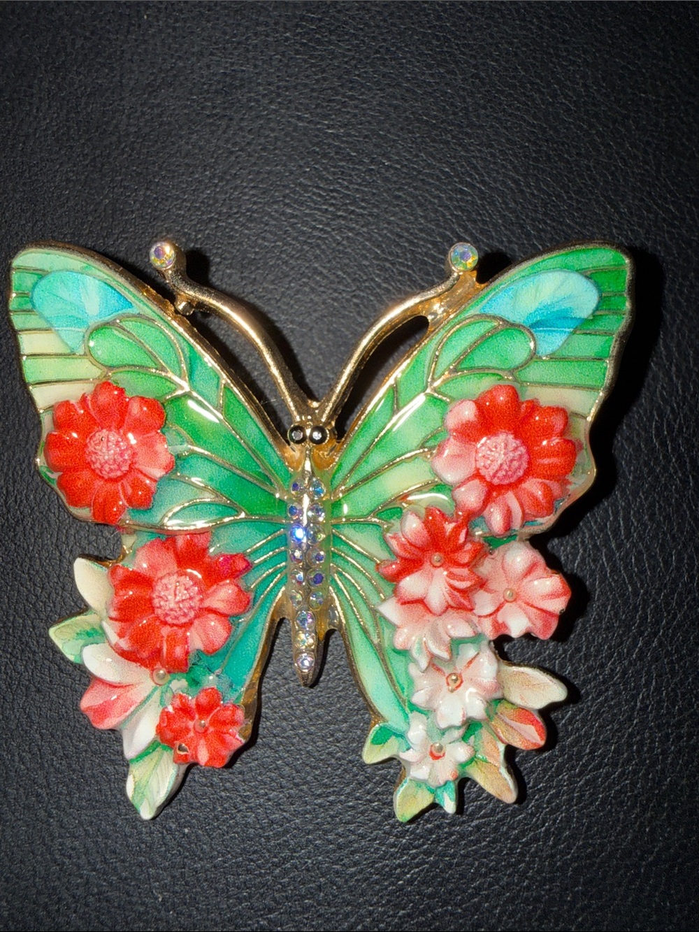 Green Butterfly Floral Brooch with Red and Pink Accents